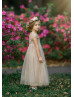 Dark Champagne Lace Tulle Pearl Elastic Back Flower Girl Dress